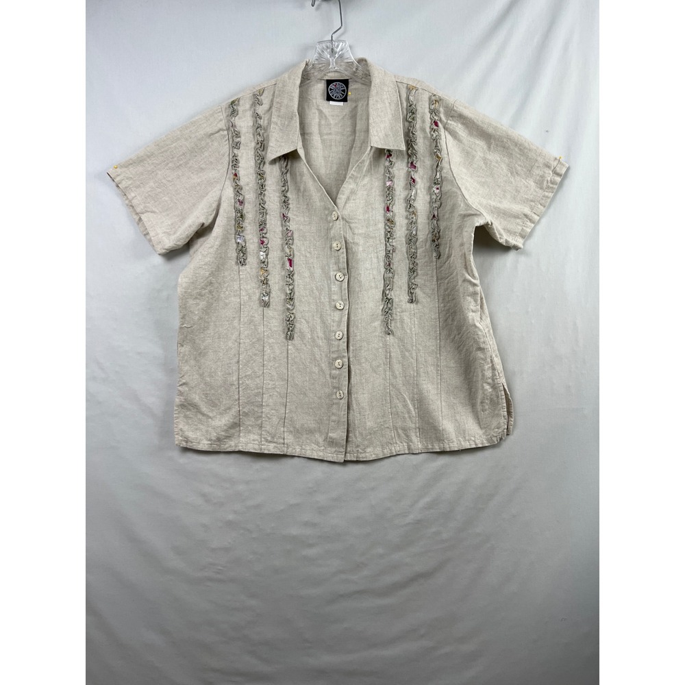 The Produce Co Linen Button Up Top Womens XL Oatmeal Ruffle Floral Trim 5276 - Picture 1 of 6